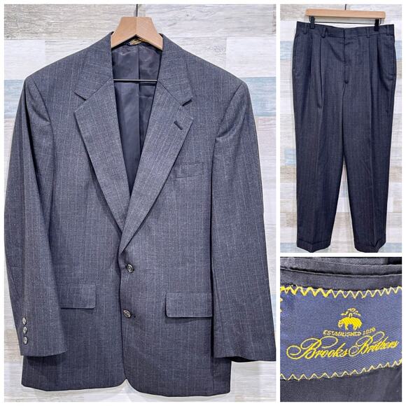 Brooks Brothers Wool Pinstripe Suit Gray Pleated Pants Vintage USA Mens 41R - Picture 1 of 14